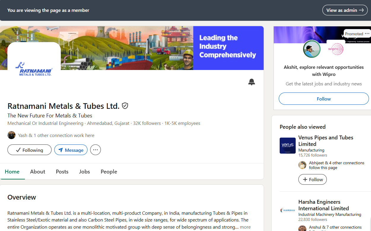 Ratnamani Metals and Tubes Ltd. LinkedIn company page showing its banner and overview