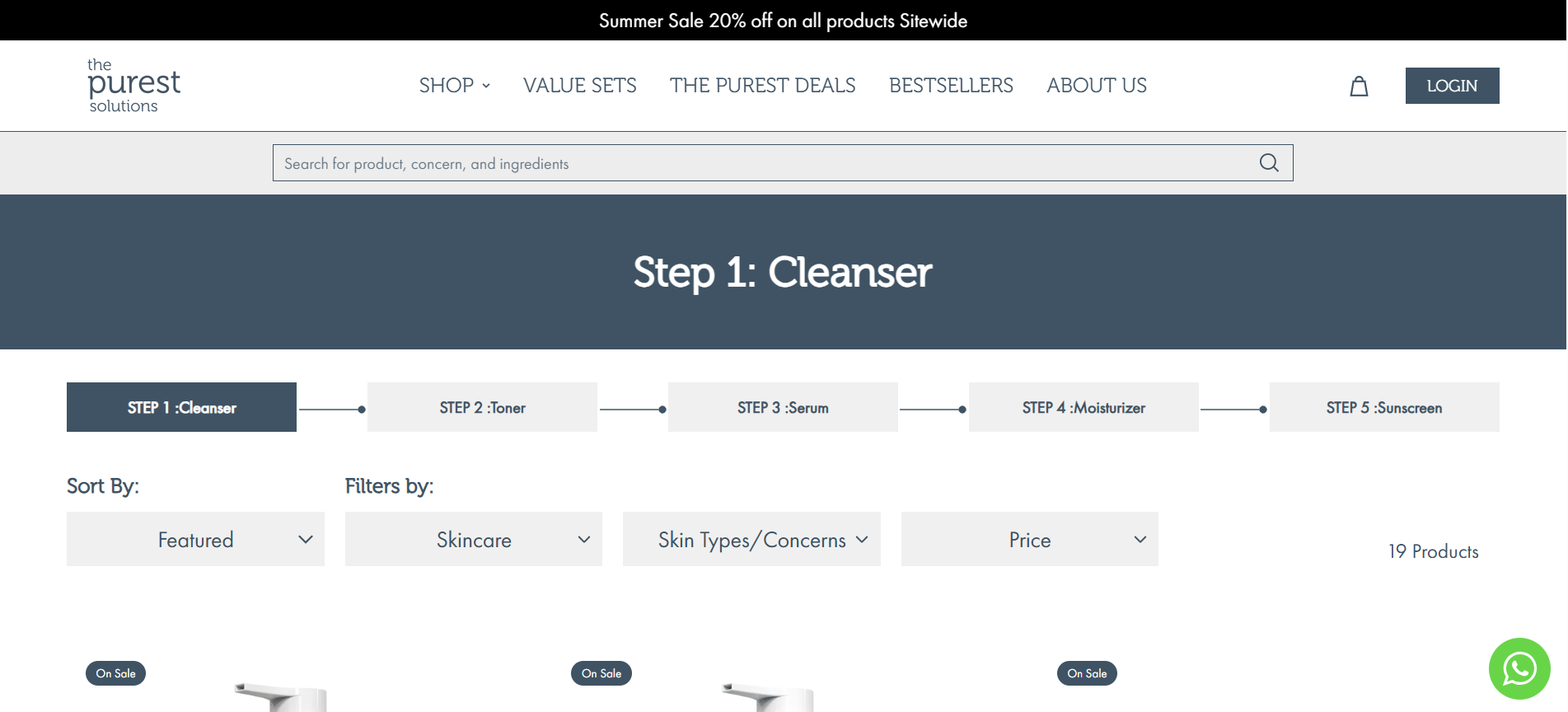 The Purest Solutions skincare collection showing search, routine steps, sorting and product filters
