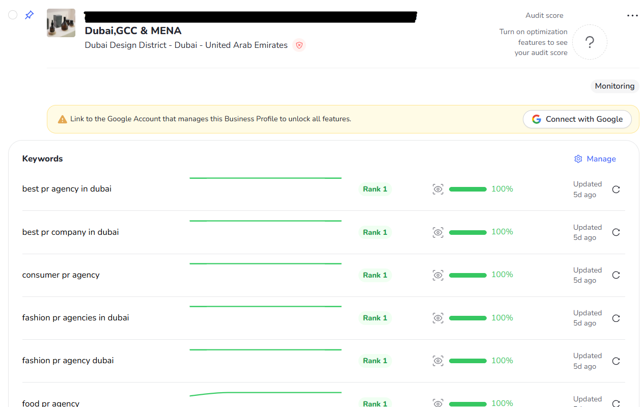 Local SEO business profile dashboard showing Dubai public relations keyword rankings with identifying details redacted