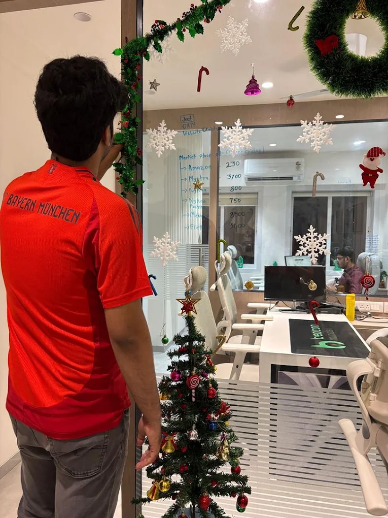 Christmas decorations at the Beacon Minds office entrance