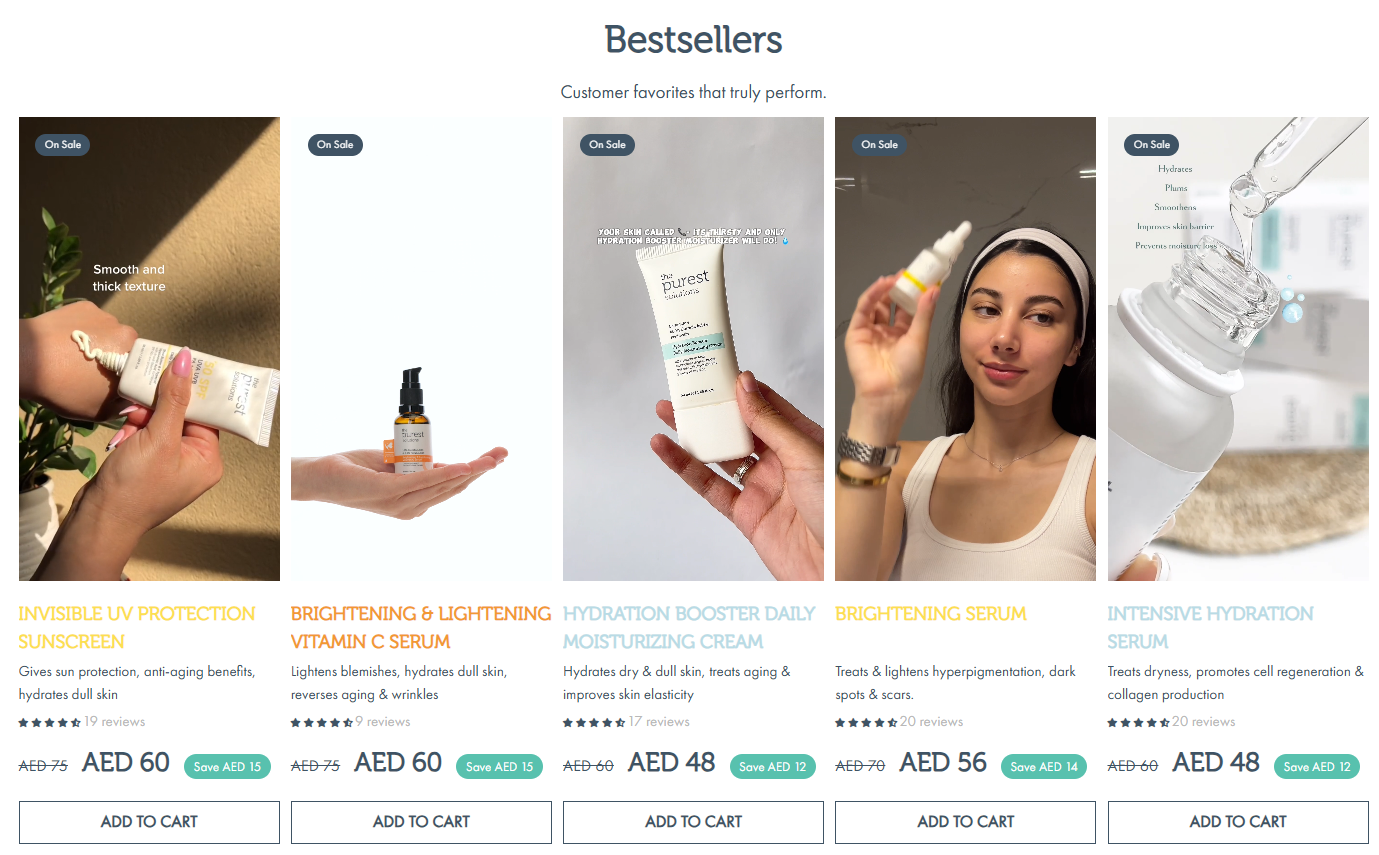 The Purest Solutions bestseller skincare product cards showing product images, descriptions, reviews, prices and add-to-cart buttons