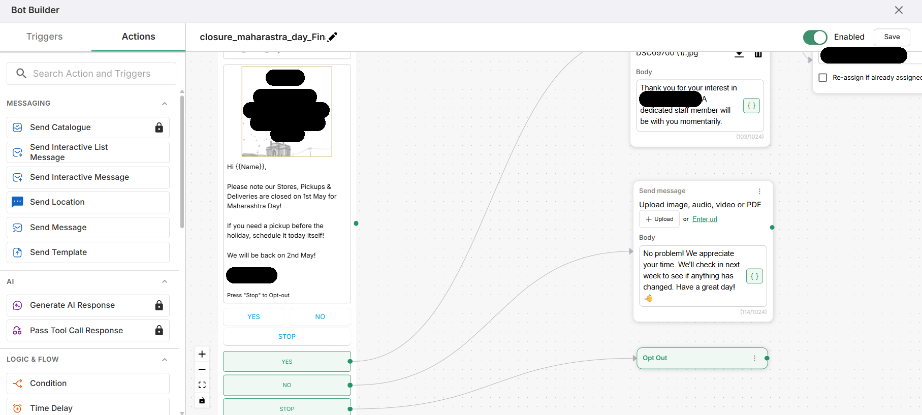 Chatbot builder showing connected message actions, response branches and an opt-out workflow with identifying details redacted