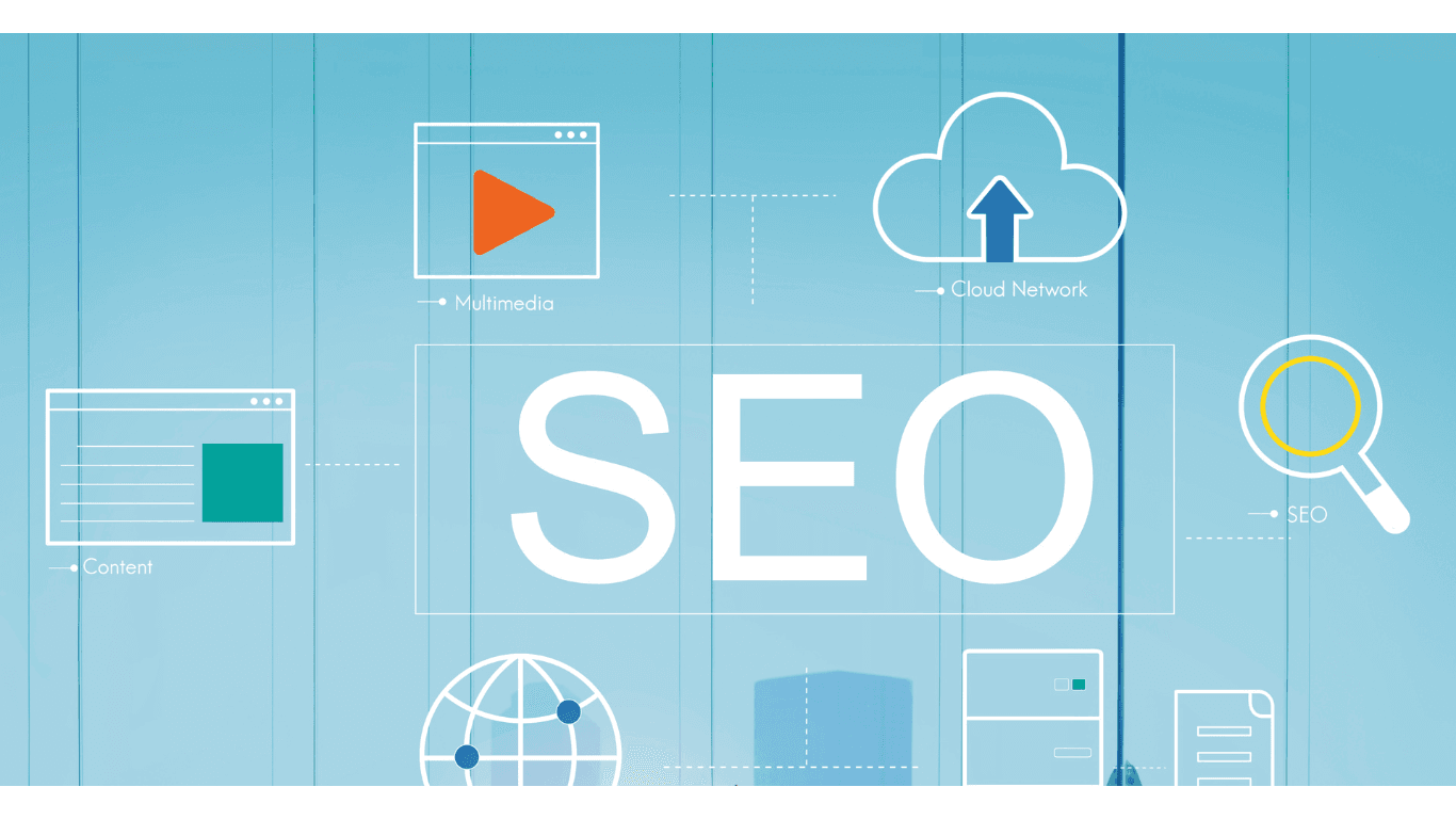 Graphic depicting SEO elements like content, multimedia, cloud network, and search tools, representing strategies for improving website visibility